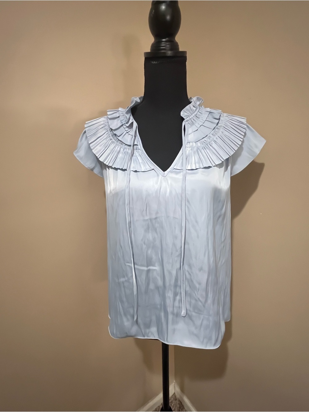 Rachel Zoe Light Blue Ruffle Satiny Yoke Tie Neck Blouse, XSr